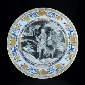 Photo d'une assiette en porcelaine d'époque Qianlong, à décor en grisaille, représentant Lord Burghley